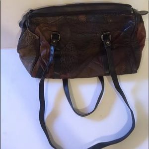 Brown Leather Suede Patch Handbag Dble Zip Closure
